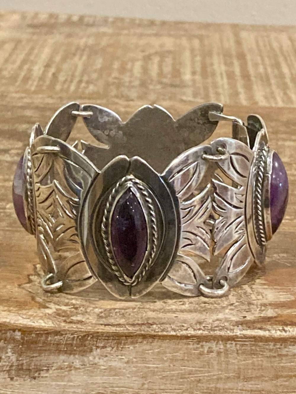 Vintage Mexican Silver & Purple Panel Bracelet • 83g • Handcrafted Boho Style - Picture 9 of 16